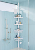 32-122inch Corner Shower Caddy Tension Pole All White, Rustproof Drill-Free Shower Shelves for Bathroom Bathtub Washbasin, Adjustable Shower Organizer with 4 Tier Patent Shelves & Towel Bars