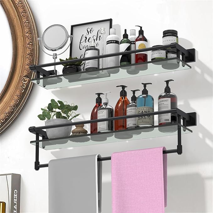 SFGSOWOR Glass Shelf for Bathroom Wall Sheves 24 inch Rectangular Stainless Steel Tempered Glass Modern Stainless Steel Wall Mount Accessories Organizers Storage (Matte Black)