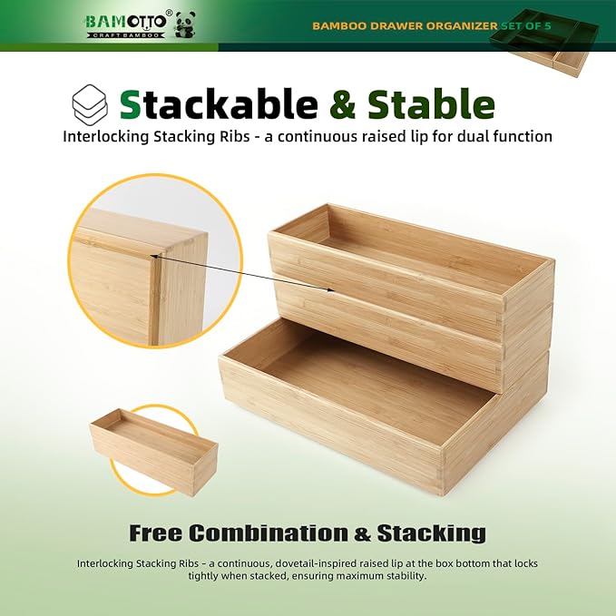 Stack Bamboo Drawer Organizer Set of 5, Kitchen Utensil, Flatware&Silverware Organizer-Wood Laminated Stackable for Kitchen, Bedroom, 13.4''x4.5''*2+10.2''x3.3''*2+10.2''x6.7''*1