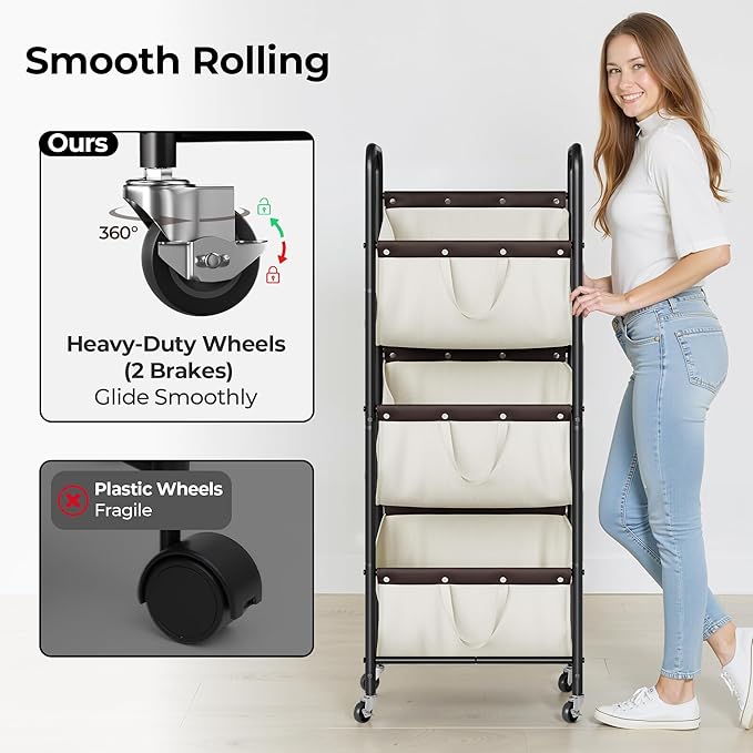 GRANNY SAYS 3 Tie Laundry Sorter, Laundry Basket with Wheels, Laundry Room Organization and Storage, 3 Section Rolling Laundry Cart for Dorm, Bathroom, Bedroom, Closet, Beige