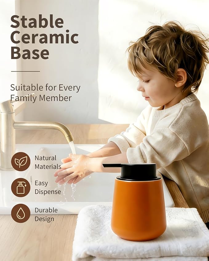 BosilunLife Hand Soap Dispenser - Ceramic Dish Soap Dispenser for Bathroom 12ounce Refillable Liquid Hand Wash Dispenser for Essential Oil, Lotion Soap, Orange