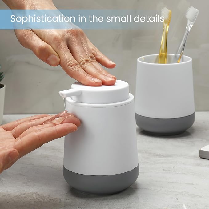 White Bathroom Countertop Accessories Set - Soap Dispenser and Toothbrush Holder with Silicone Boot,Vanity Tray (White Liquid)