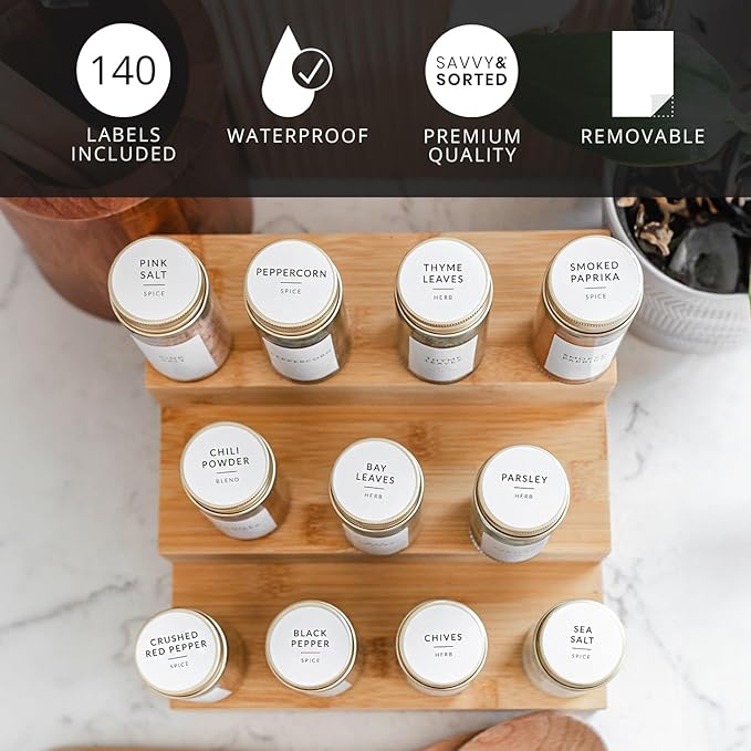 Minimalist Round Spice Labels for top Lids - 140 Spice Jar Labels for Spice Containers - Waterproof Kitchen Label Stickers for Spice Jars - Spice Organization Herb Seasoning Pantry Labels
