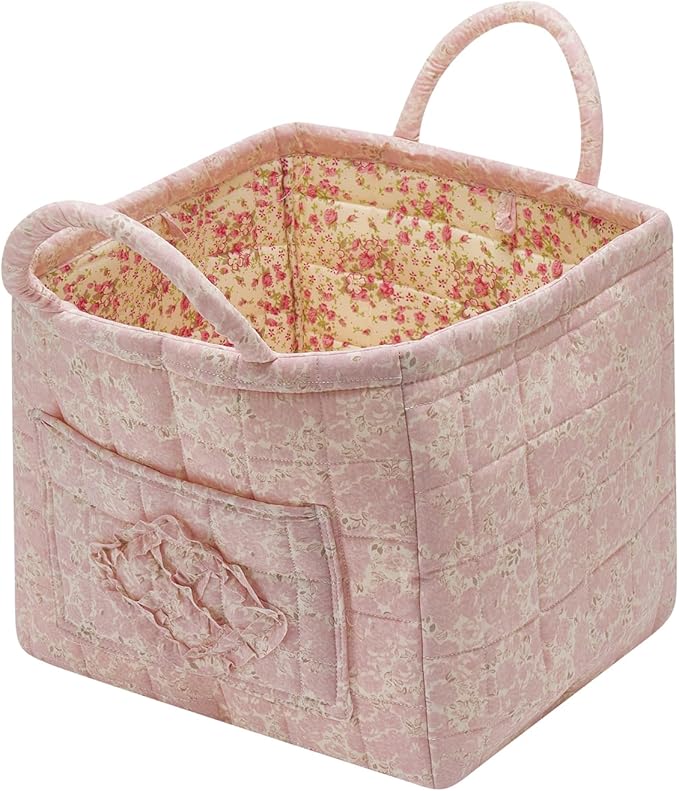 Quilted Fabric Storage Basket with Handles & Pocket, Foldable Laundry Hamper Boho Floral Print Organizer Bin for Home, Picnic, Office 12"x10"x10" (A-4)