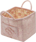 Quilted Fabric Storage Basket with Handles & Pocket, Foldable Laundry Hamper Boho Floral Print Organizer Bin for Home, Picnic, Office 12"x10"x10" (A-4)