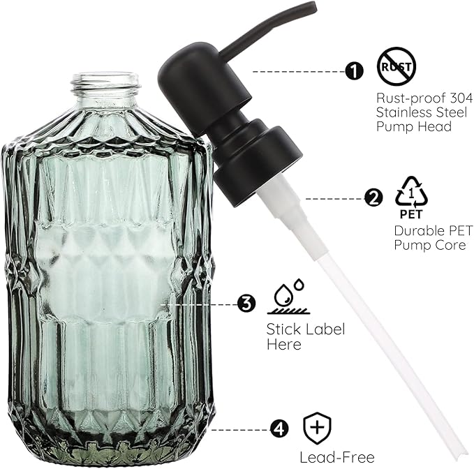 Segbeauty Glass Soap Dispenser Set, 2 Pack 15.2oz Farmhouse Kitchen Decor Stainless Steel Pump Bottles, 450ml Refillable Shower Bottle Hand Soap Dispenser for Modern Home Bathroom Western Decor Green