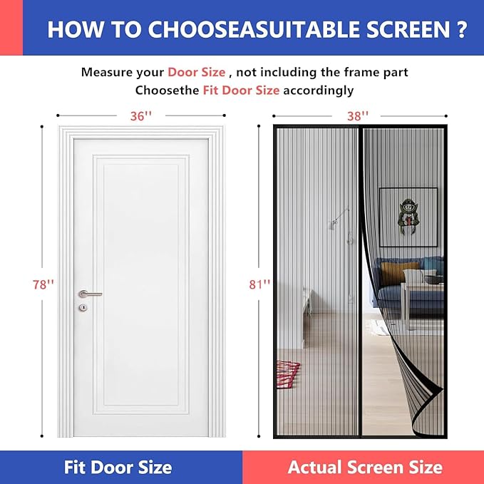 Magnetic Screen Door Mesh 38" x 81" - Fits 36" x 78" Door Size, Works for Patio, Sliding Door, Keeps Bug Mosquito Out, Fresh Air Flow, Black