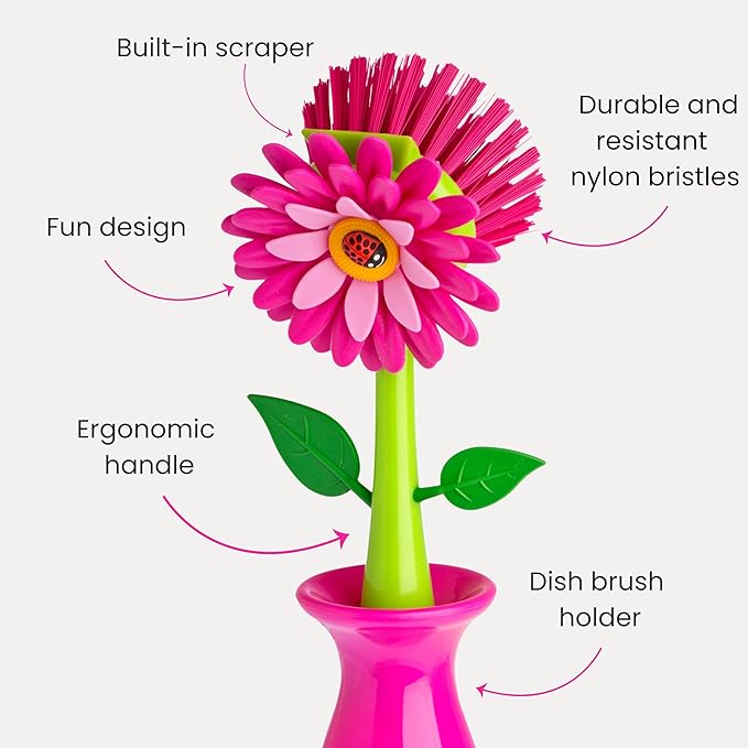Vigar Flower Power Dish Brush with Handle and Vase Dish Brush Holder, Kitchen Scrub Brush for Pot Scrubber, Dishes, and Sink Cleaning, Pink, Green