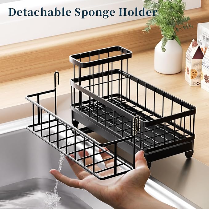 Consuemst Sponge Holder for Kitchen Sink - Auto Draining Sink Caddy Organizer with Detachable Rack, High Brush Holder, Kitchen Countertop Storage Accessories, Black