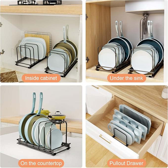 Cutting Board Organizer Rack, 2-Pack Adjustable Bakeware Organizer Holder for Cabinet Countertop, 7 Slots Metal Rack Cookie Baking Sheet, Pot Pan Lids Divider Kitchen Organization Storage, Black
