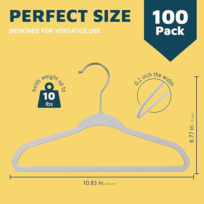 White Velvet Kids Hangers 100 Pack, 10.83" Non-Slip Baby & Toddler Hangers for Clothes, Space-Saving Slim ABS Plastic with 360° Swivel Hook & Notched Shoulders, Up to 10 lb Capacity