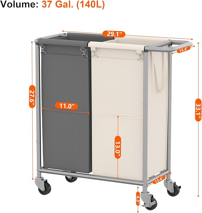 Heybly Laundry Basket, 2 x 18.5 Gal Laundry Separator Hamper with Heavy Duty Rolling Wheels, Divider Sorter with Removable Bags, Dirty Clothes Storage, 29.1 x 15.4 x 33.1 Inches HLH021P02
