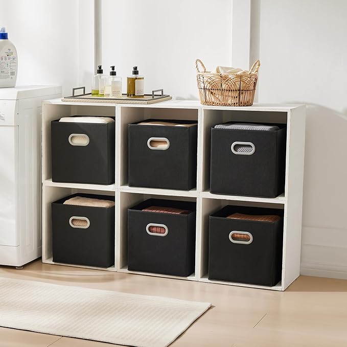 MAX Houser Fabric Storage Bins Cubes Baskets Containers with Dual Plastic Handles for Home Closet Bedroom Drawers Organizers (Black)