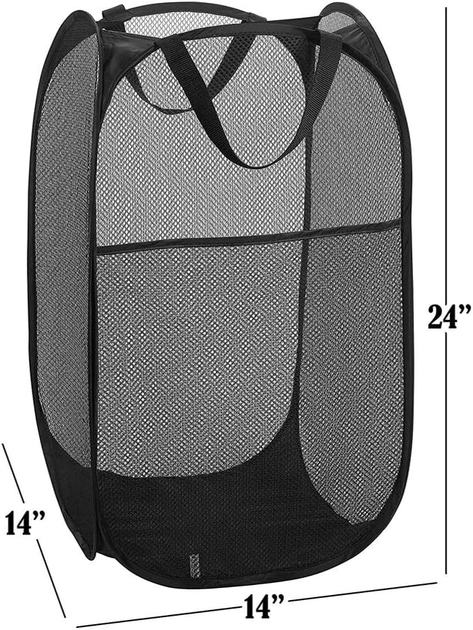 BATTOO Deluxe Strong Mesh Pop up Laundry Hamper Basket with Side Pocket Foldable Hamper for Laundry Room, Bathroom, Kids Room, College Dorm or Travel Black + Black