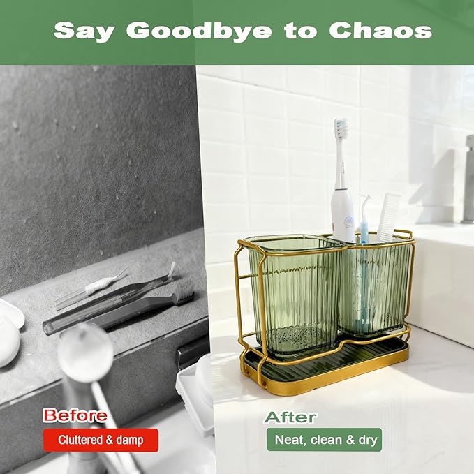 Christmas Green Toothbrush Holders for Bathrooms, 2 Cups Toothbrush Holders Wall Mounted, Bathroom Organizers and Storage, Bathroom Toothbrush Holder Set for Toothpaste Razors Toothbrush