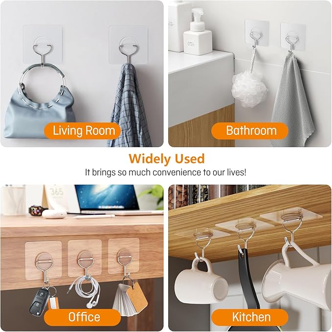Adhesive Wall Hooks for Hanging Heavy Duty 33lb(Max), Waterproof and Rustproof Transparent Self Adhesive Hooks for Bathroom Kitchen Outdoor and Home Improvement -24 Pack