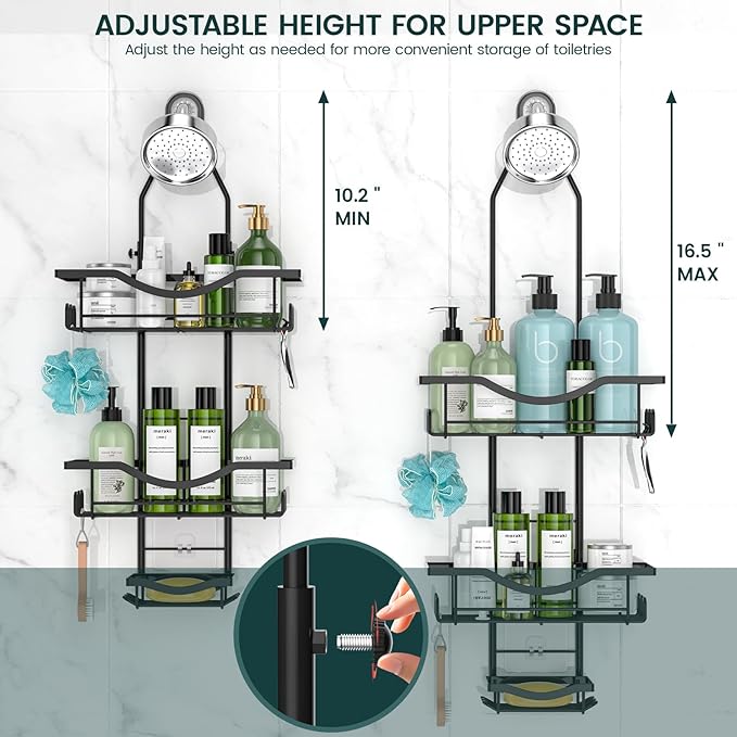 Shower Caddy Hanging Adjustable Shower Caddy, Rustproof Shower Organizer Extended Length Shower Caddies Over Shower Head with Hooks Soap Holder, Large Capacity Anti-Swing Bathroom Organizer, Black