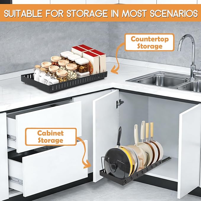 XIAPIA Pull Out Pots and Pans Organizer Under Kitchen Cabinet, Pot Lid Organizers, Slide Out Cookware Storage Rack with 8 Adjustable Dividers, Pull Out Shelves for Dishware Seasoning, (Black, 1 Pack)