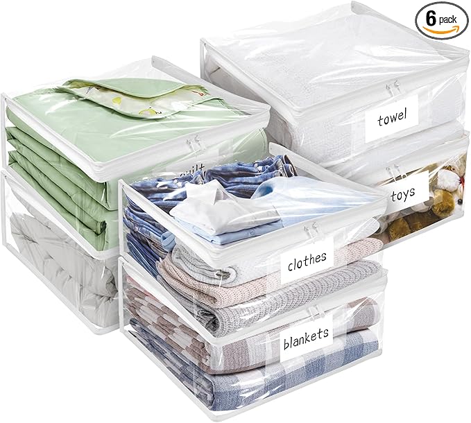 Plastic Storage Bags with Easy-Glide Zipper, Pack of 6, Durable Clear Vinyl Zippered Storage Bags for Clothes Sweaters Comforters Blankets Sheets Bedding (12 x 12 x 3.9 Inch)
