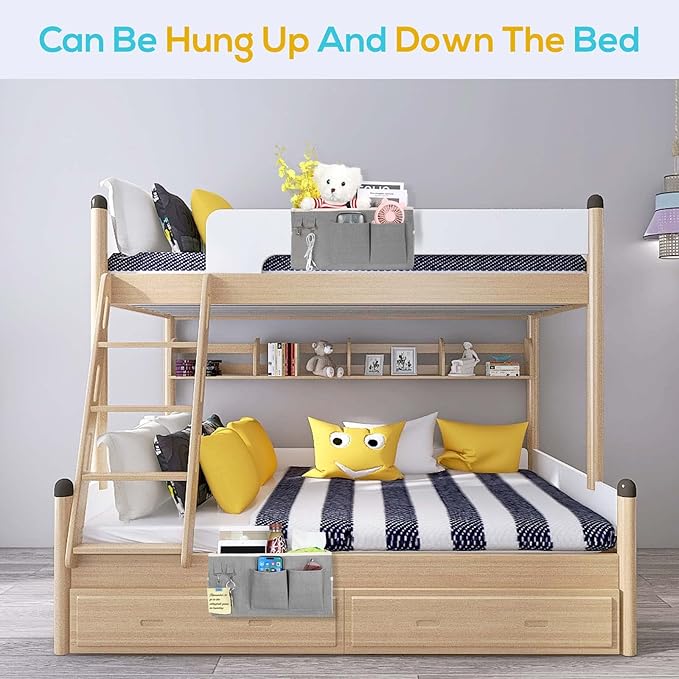 Kanrichu 3pcs Bedside Caddy Hanging Storage Bag, Water Cup Holders, Organizer Baskets with Pockets for Bunk Bed Shelf, Hospital Beds, Loft & Dorm Rooms Accessories (Bedside bag-Grey)