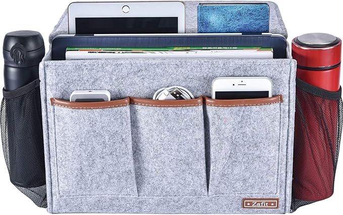 Zafit Bedside Caddy, Large Size Storage Organizer with 8 Pockets - Perfect for Magazine, Remotes, Phone (13.4'' x 18.1'', Light Grey)