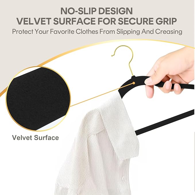 MOERKADA 36-Pack Premium Velvet Hangers with Gold Hooks - Space-Saving Non-Slip Heavy-Duty Clothes Hangers for Coats, Suits, Dresses, and Sweaters - Slim Design, Closet Organizer(Black+Gold)