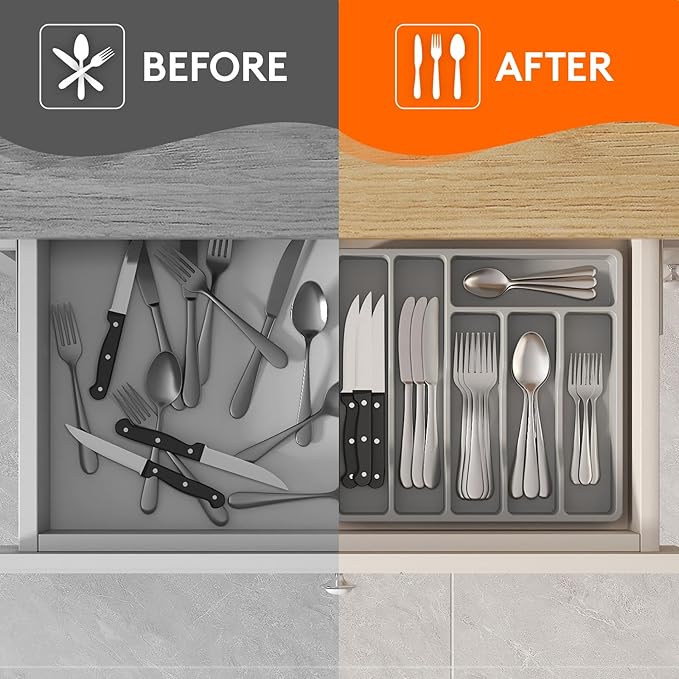 Lifewit Silverware Drawer Organizer Tray, Plastic Cutlery Storage for Kitchen, Flatware and Utensil Holder Divider for Spoons Forks Knives Tableware, 12.4 x 11.7", 6 Slots, Gray