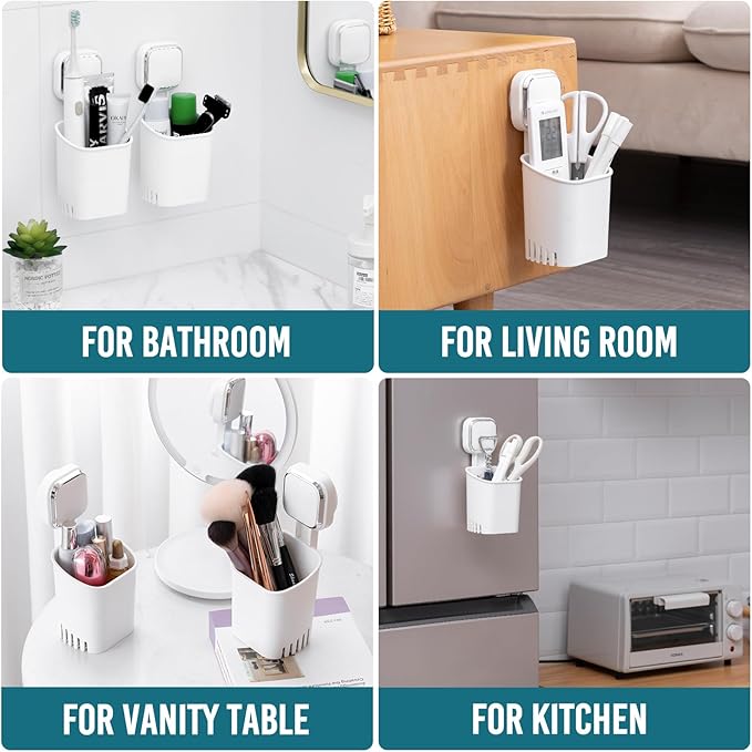 TAILI 2 Pack Suction Toothbrush Holder for Shower Wall, No Nail, No Glue! Self-draining Shower Cup for Toothpaste, Toothbrush, Kitchen Tableware, Strong Suction Cup Razor Holders for Bathroom, White