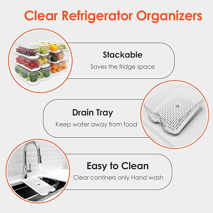 Fridge Organizers and Storage, 10 Pack Clear Freezer Organizer Bins with Lids for Kitchen, Pantry, Refrigerator, Food, Fruit, Vegetable Storage