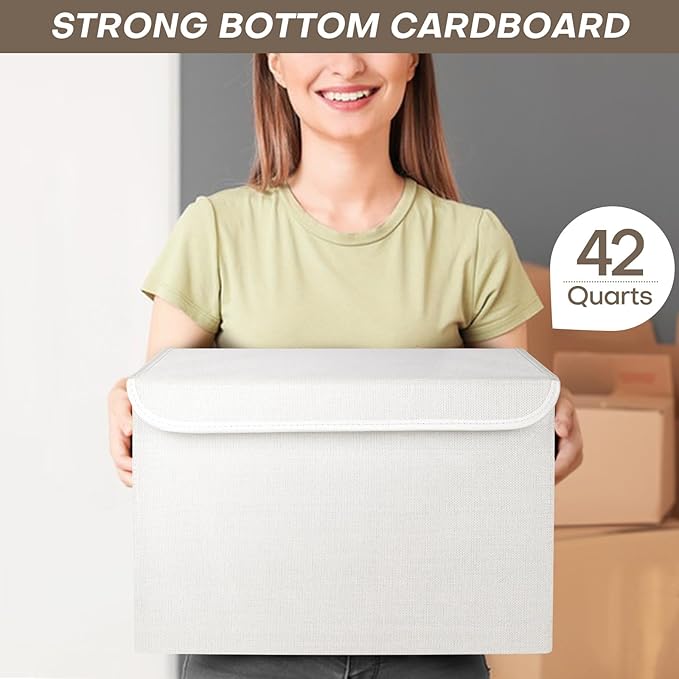 Large 42 Quarts Fabric Storage Bins with Lids [2-Pack] Linen Collapsible Foldable Storage Cubes, Closet Organizer Containers boxes with Handles for Home Office (16.7 x 12 x 12, White)