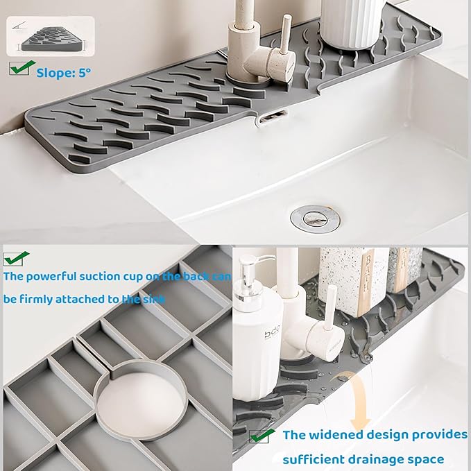 Silicone Faucet Splash-Proof pad, Multifunctional Water-Saving Splash-Proof Cushion, Universal Faucet Cover, Suitable for Kitchen and Bathroom Sink Faucet (Gray, 24 * 5.5)