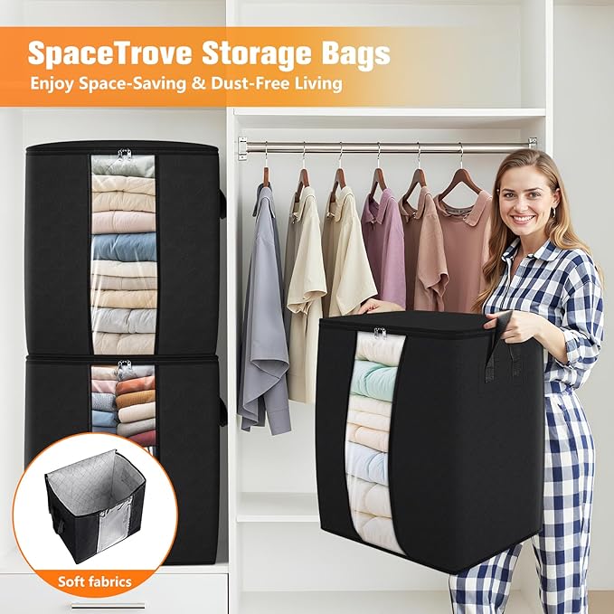 Clothes Storage Bags, 6-Pack Comforter Blanket Organizers, 80L Large Capacity Containers with Visual Window for Clothing, Quilt, Sheet, Pillow, Closet Organization for Bedding (Black)