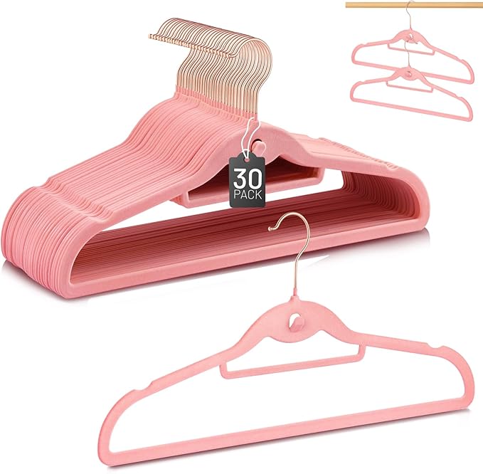 Velvet Stackable Hangers 30 Pack, STOPKLAS Pink Clothes Hangers Non Slip Felt Hangers with 360° Swivel Hook, Thin Hanger Space Saving, Heavy Duty Closet Hanger for Clothes, Coats, Suits, Dress, Pants