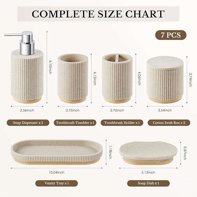 7PCS Bathroom Accessories Set, with Soap Dispenser, Q-tip Holder, Toothbrush Holder, Tumbler, Soap Dish, Vanity Tray, Complete Bathroom Accessory Set Organizer Countertop for Modern Home Decor, Beige