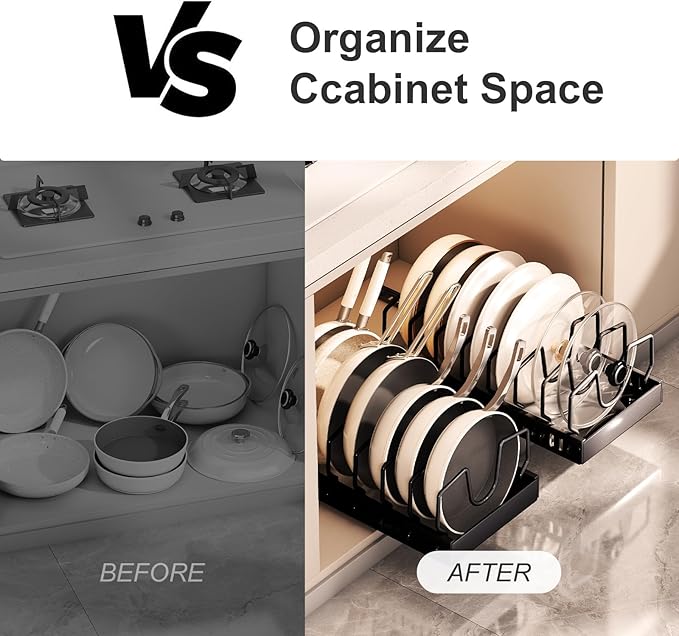 Pots and Pans Organizer Under Cabinet 2 Pack, Pull-Out Cabinet Organizer for Pot Lids, Bakeware, Dishes, 8 Adjustable Dividers (Black