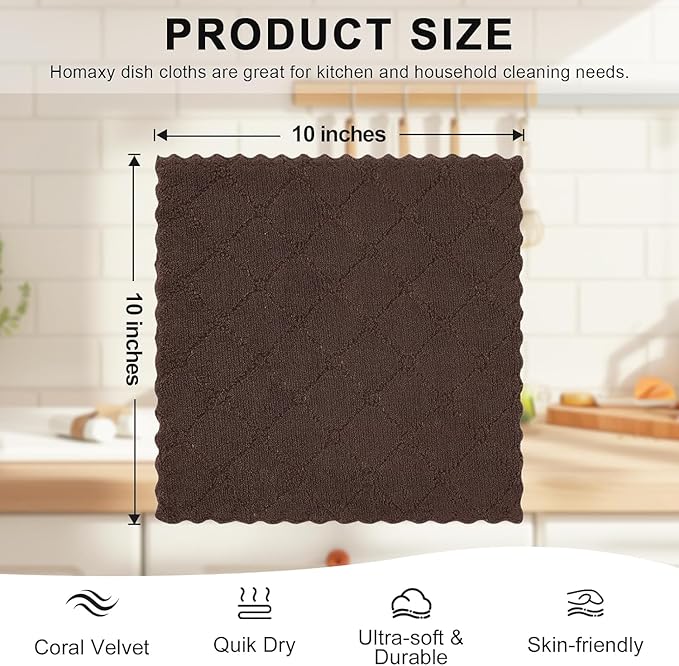 Homaxy 24 Pack Kitchen Dish Cloths (10 x 10 Inches, Brown), Super Soft and Absorbent Coral Velvet Dish Towels, Nonstick Oil Fast Drying Microfiber Cleaning Cloth, No Lint Household Dishcloths
