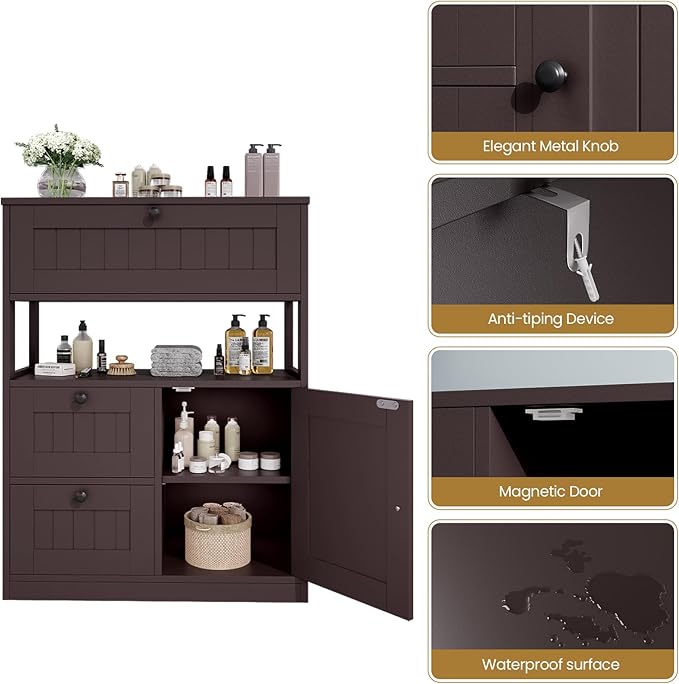 Bathroom Cabinet, Modern Bathroom Floor Storage Cabinet Organizer with 1 Door and 3 Drawers, Freestanding Cupboard for Kitchen/Living Room Use