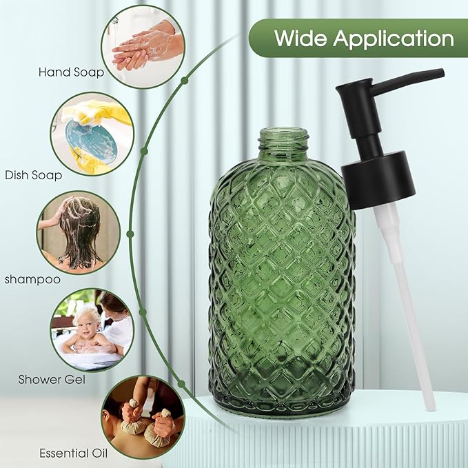 2 Pack Gem Glass Soap Dispenser with Black Plastic Pump, 13oz Liquid Hand Soap Dispenser, Rustproof Pump for Kitchen & Bathroom, Great for Lotions, Essential Oil, Liquid Soaps-Army Green