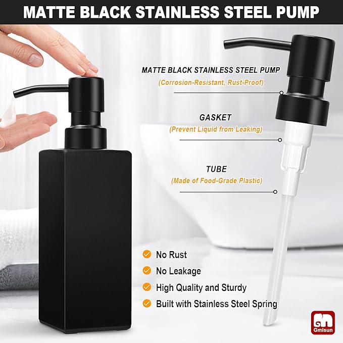 GMISUN Black Soap Dispenser Bathroom, Glass Hand Soap Dispenser with Stainless Steel Pump, 12 fl oz/350ml Refillable Dish Dispensers for Kitchen, Modern Liquid Lotion Bottles for Bathroom Countertop