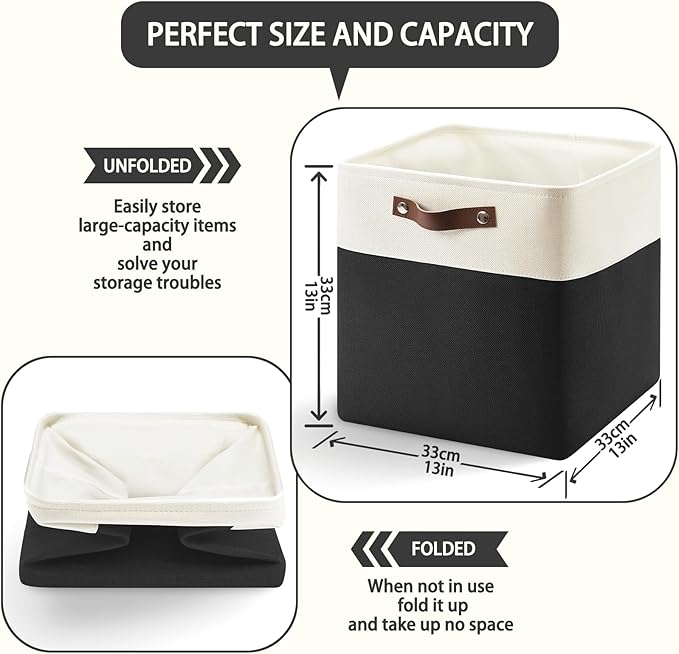 13 Inch Cube Storage Bins,Set of 4, Foldable Storage Basket with PU Handles for Organizing Home, Closet, Laundry, Office, Organizers for Shelves(White/Black)