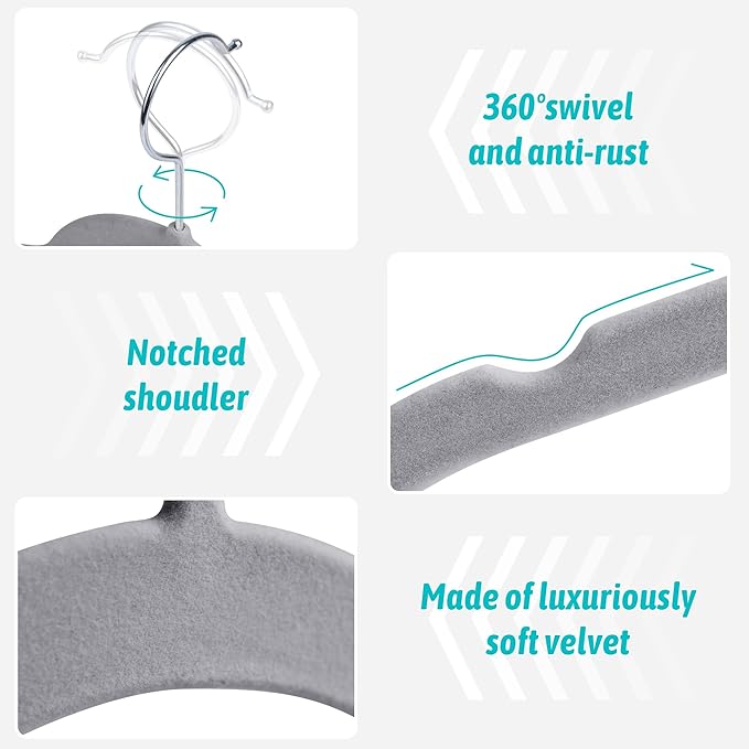 Sishynio Premium Velvet Shirt Hangers 50 Pack, Space-Saving Non-Slip Felt Hanger with 360° Swivel Hook, Slim Flocked Hangers for Strappy Dresses, Blouses, Tank Tops(Grey)