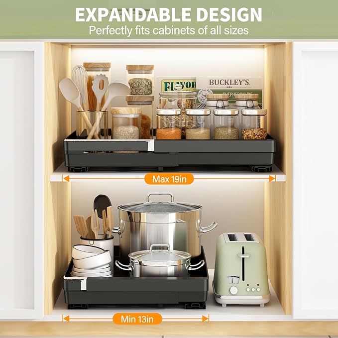 2 Pack Pull Out Cabinet Organizers Expandable (13''-19''), Plastic Slide Out Drawers for Kitchen, Bathroom, Pantry, Under Sink Storage, Pull Out Drawers Fixed with Adhesive Nano Film (Black)