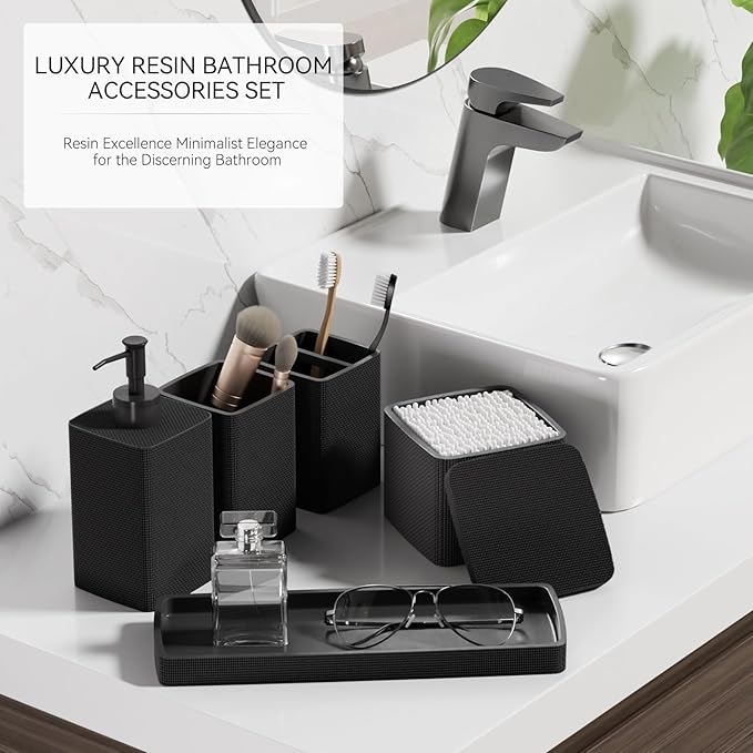 Matte Black Bathroom Accessories Set 5 Pieces, Resin Toothbrush Holders Set Complete with Soap Dispenser, Toothbrush Holder, Vanity Tray, Bathroom Tumbler and Qtip Holder for Small Spaces