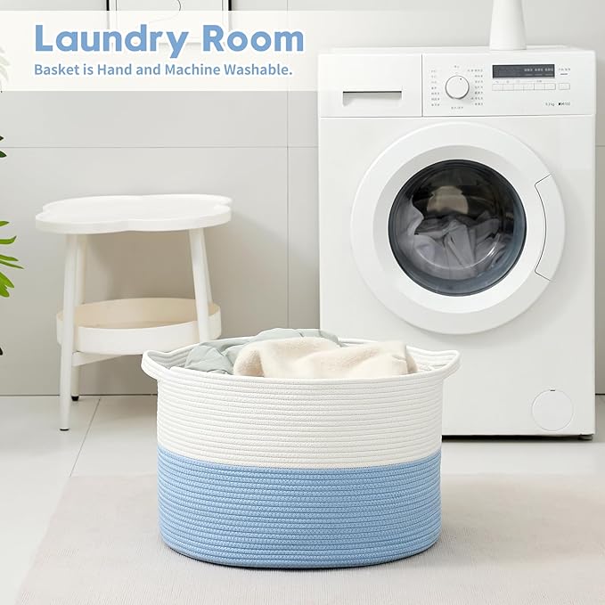 Foldable Laundry Hamper Basket with Collapsible Handle Cotton Rope Soft Woven Fabric Storage Organizer Clothes Toys Nursery Bedroom Dorm Space Saving Bin (White & Blue, 80L(21.7"D x 13.8"H))