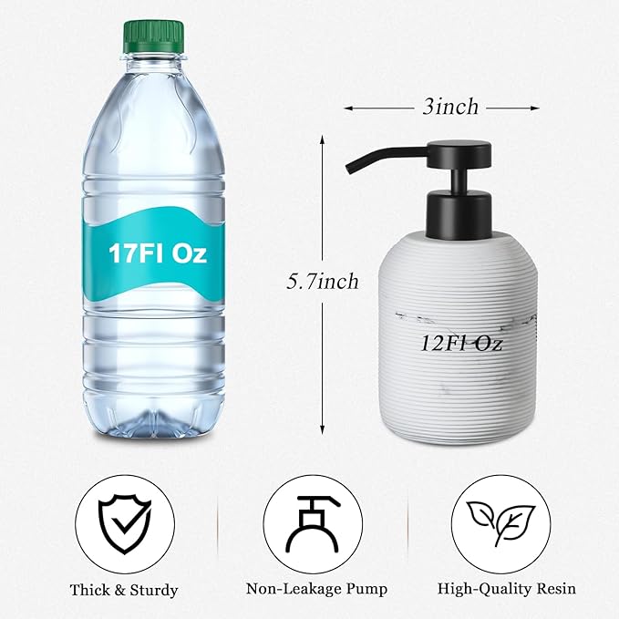 Marble Hand Soap Dispenser for Bathroom, 12 Fl Oz Soap and Lotion Dispenser Set, 2 Pack White Resin Dish Soap Dispensers for Kitchen, Refillable Liquid Bottle Container with Plastic Pump