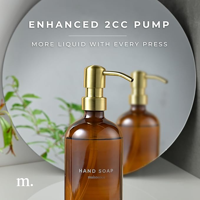 MaisoNovo Soap Dispenser 2-Piece Set | 16.9oz Amber Bottles with Gold Stainless Steel Pump Core