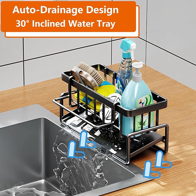 Kitchen Sink Organizer Caddy, Stainless Steel Sink Sponge Holder 30°Tilt Self-Drainage,Sponge Rack with Dish Brush Holder,Soap Dispenser for Kitchen Countertop Storage,9.1x4.1x3.5 Inch