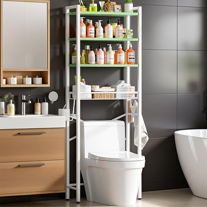 Over-The-Toilet Storage Rack, 4-Tier Bathroom Organizer Shelf Over Toilet with Adjustable Shelf and Basket, Freestanding Space Saver Bathroom Shelves Above Toilet for Room (Avocado Green)