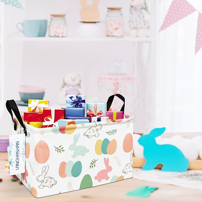 LANGYASHAN Rectangular Storage Bin Collapse Canvas Fabric Cartoon Storage Basket with Handles for Organizing Home Kitchen Boys and Girls Toys Office Closet Shelf Baskets (Rec Rabbit Easter Egg)