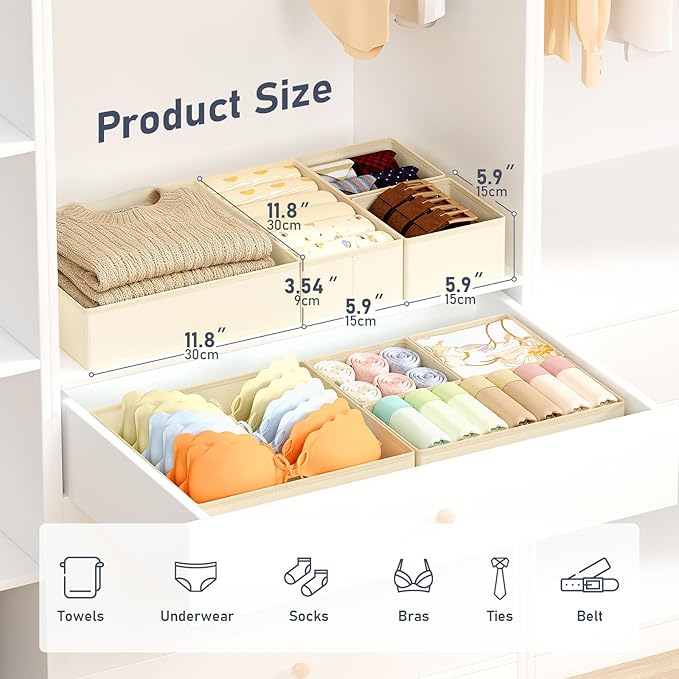 DIMJ Drawer Organizer Clothes, 26 Pack Dresser Organizer, Foldable Closet Organizers and Storage, Fabric Dresser Bins, Drawer Dividers for Nursery, Baby Clothes, Underwears, Sock (Beige)